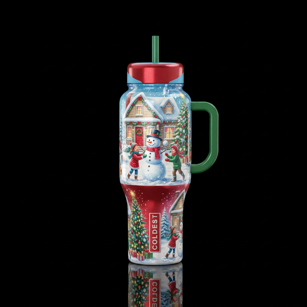 Kids building a snowman in front of a house decora... water bottle design
