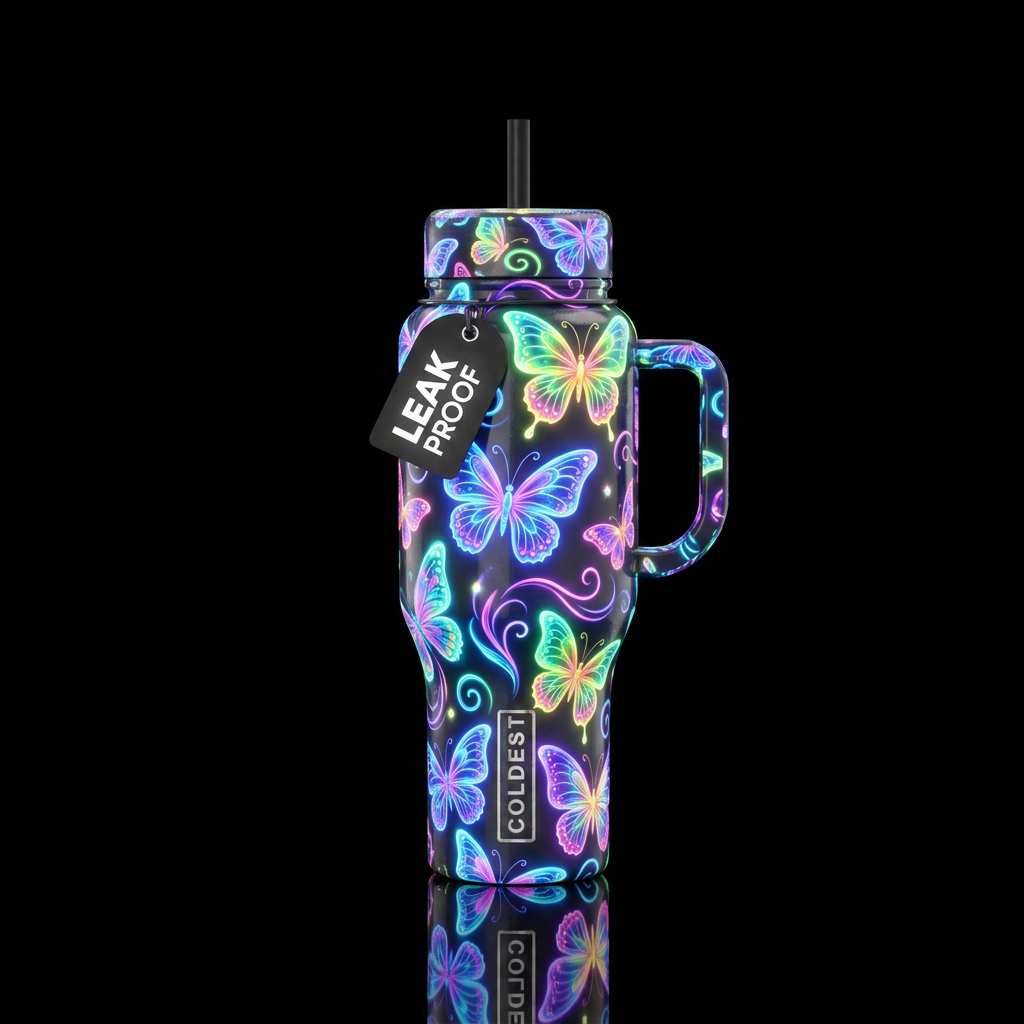 glowie, shiny, vibrant, seamless, butterfly,, swir... water bottle design