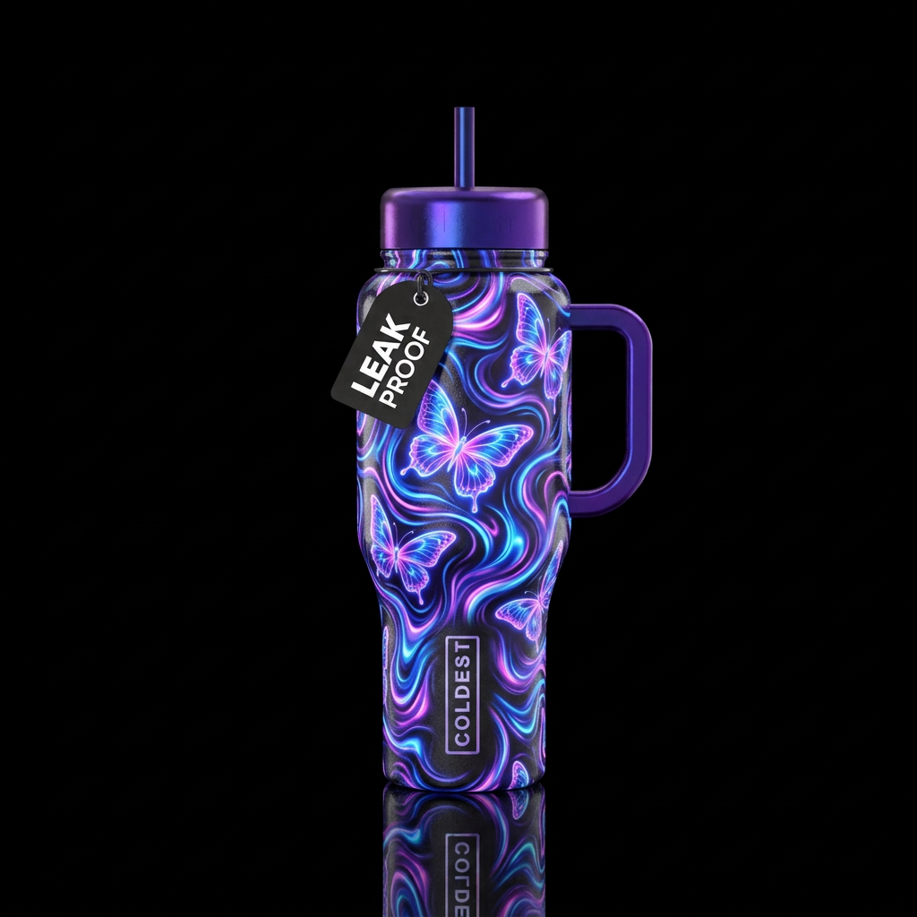 glowie, shiny, vibrant, seamless, butterfly,, swir... water bottle design