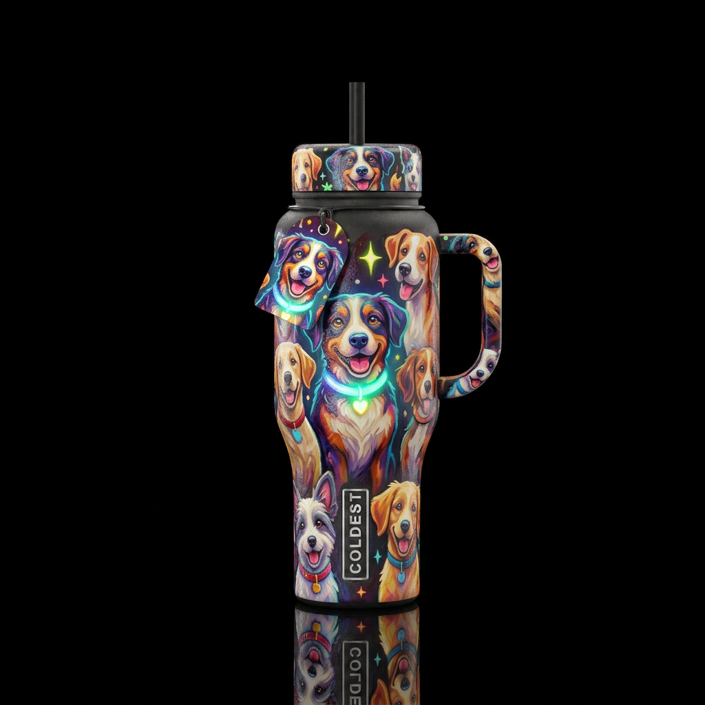 dog, seamless, vibrant, shiny, glowie, painted, wi... water bottle design