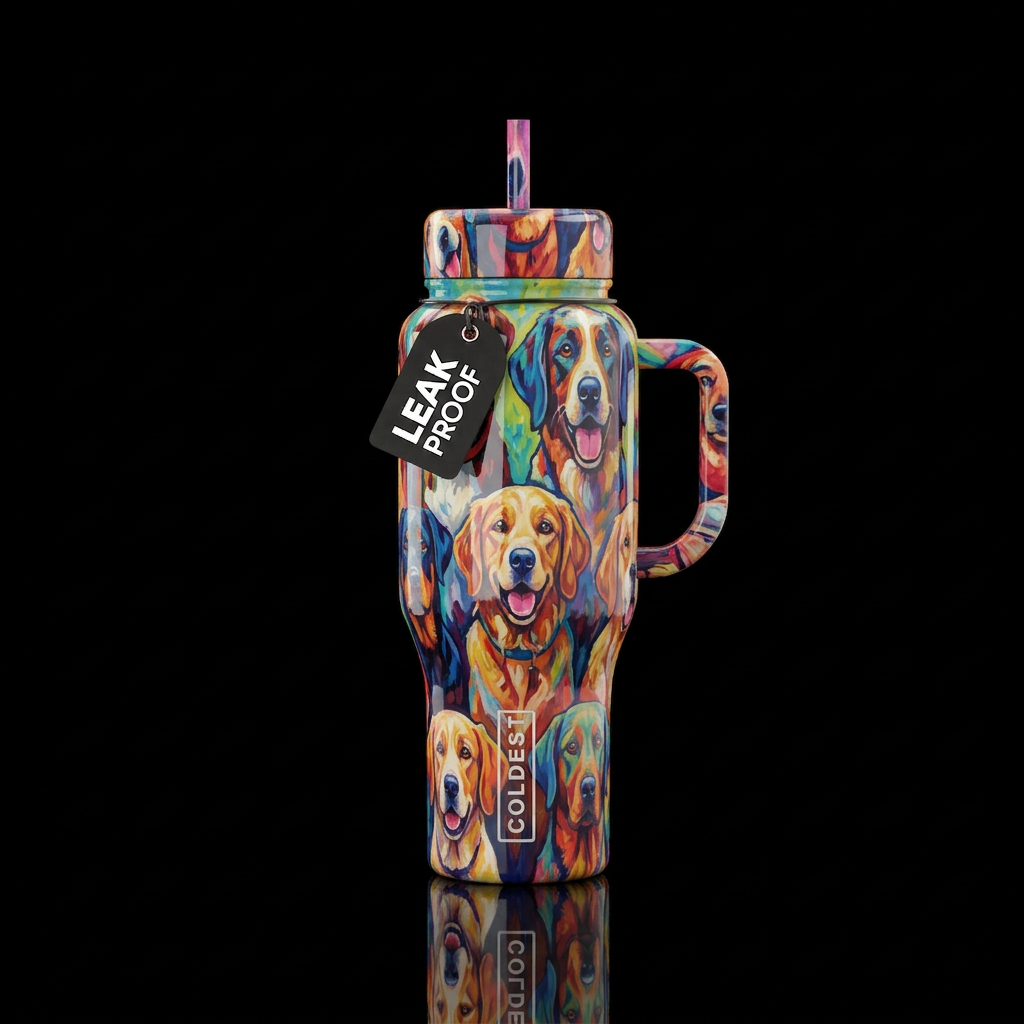 dog, seamless, vibrant, shiny, glowie, painted, wi... water bottle design