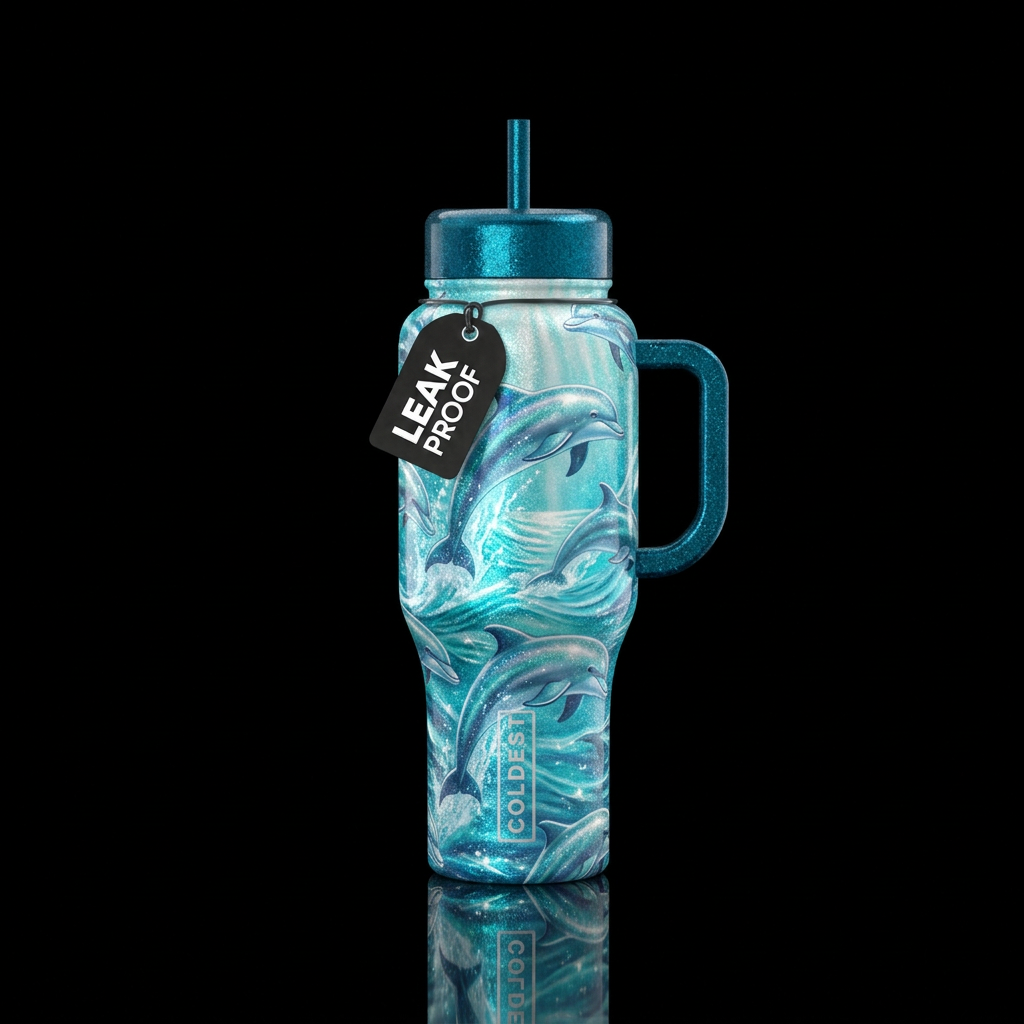 dolphin, sparkly, shiny, vibrant,, seamless, with ... water bottle design