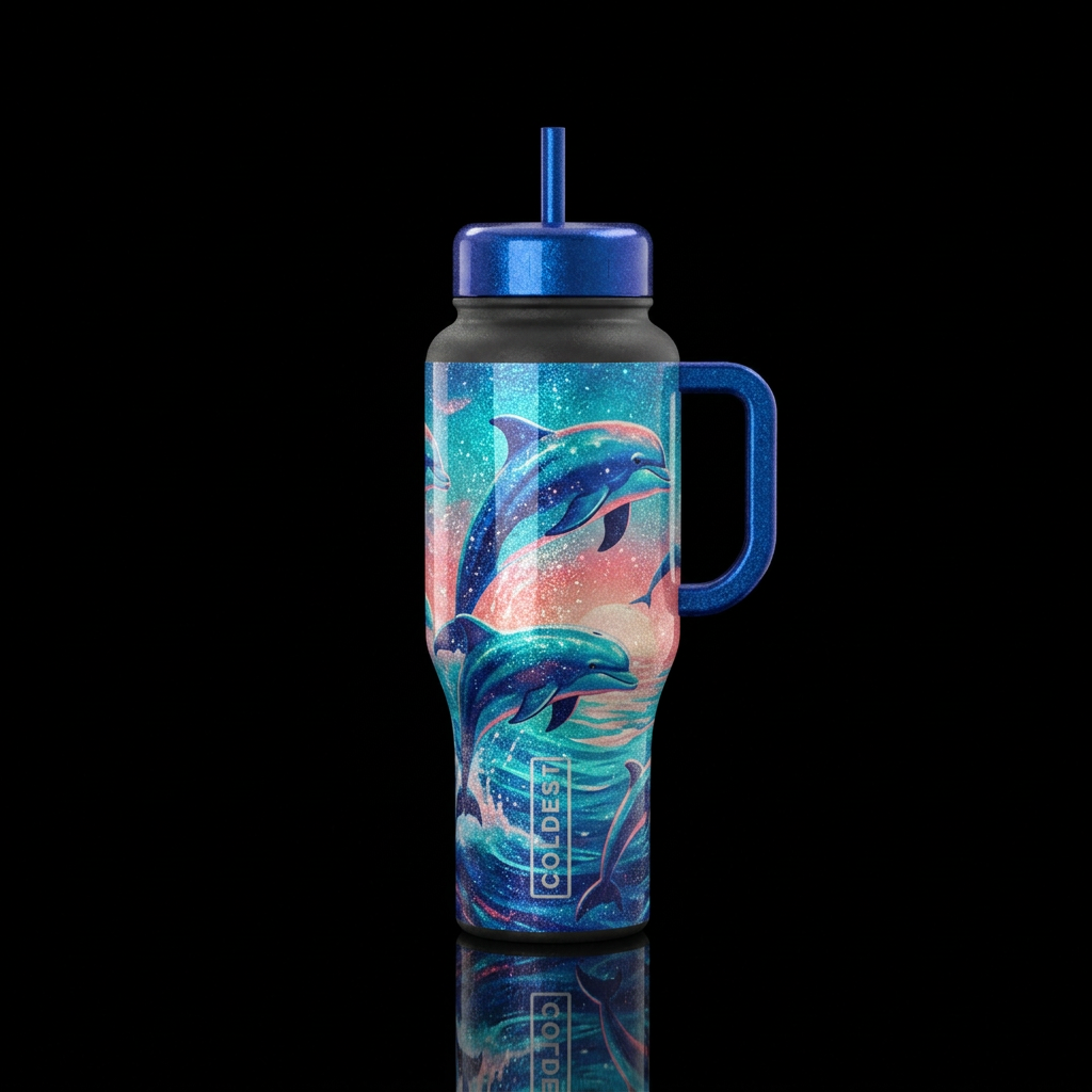 dolphin, sparkly, shiny, vibrant,, seamless, with ... water bottle design