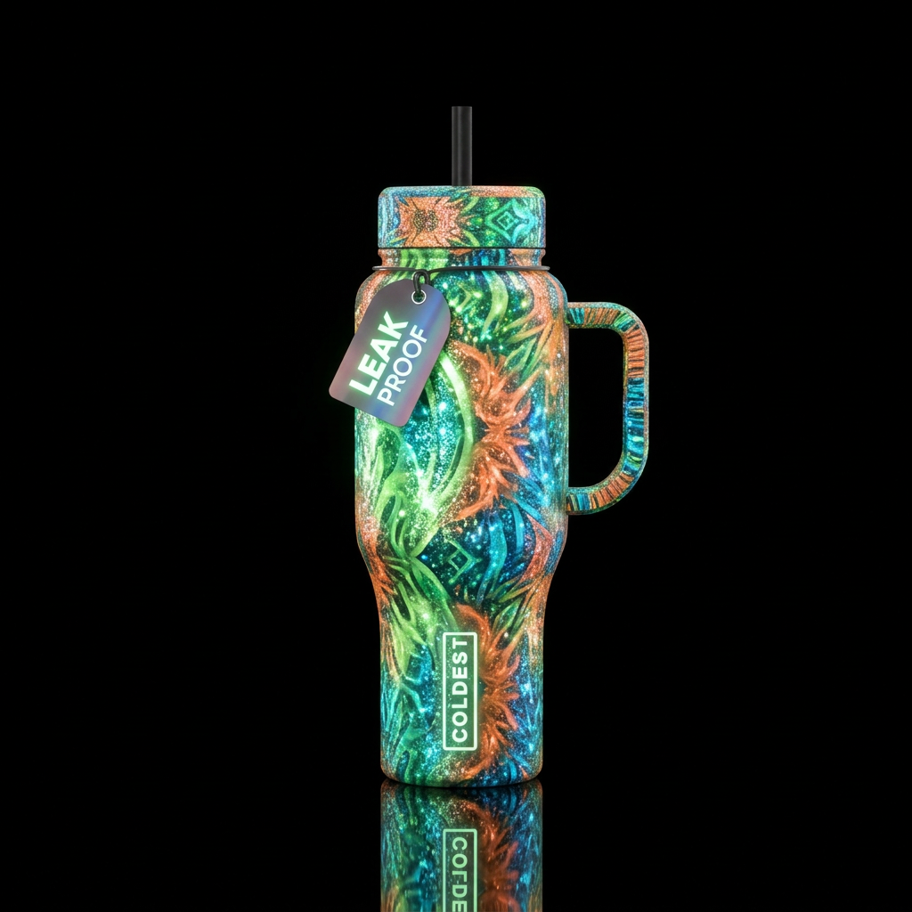 glowie, sparkly, shiny, vibrant, happy mood, seaml... water bottle design