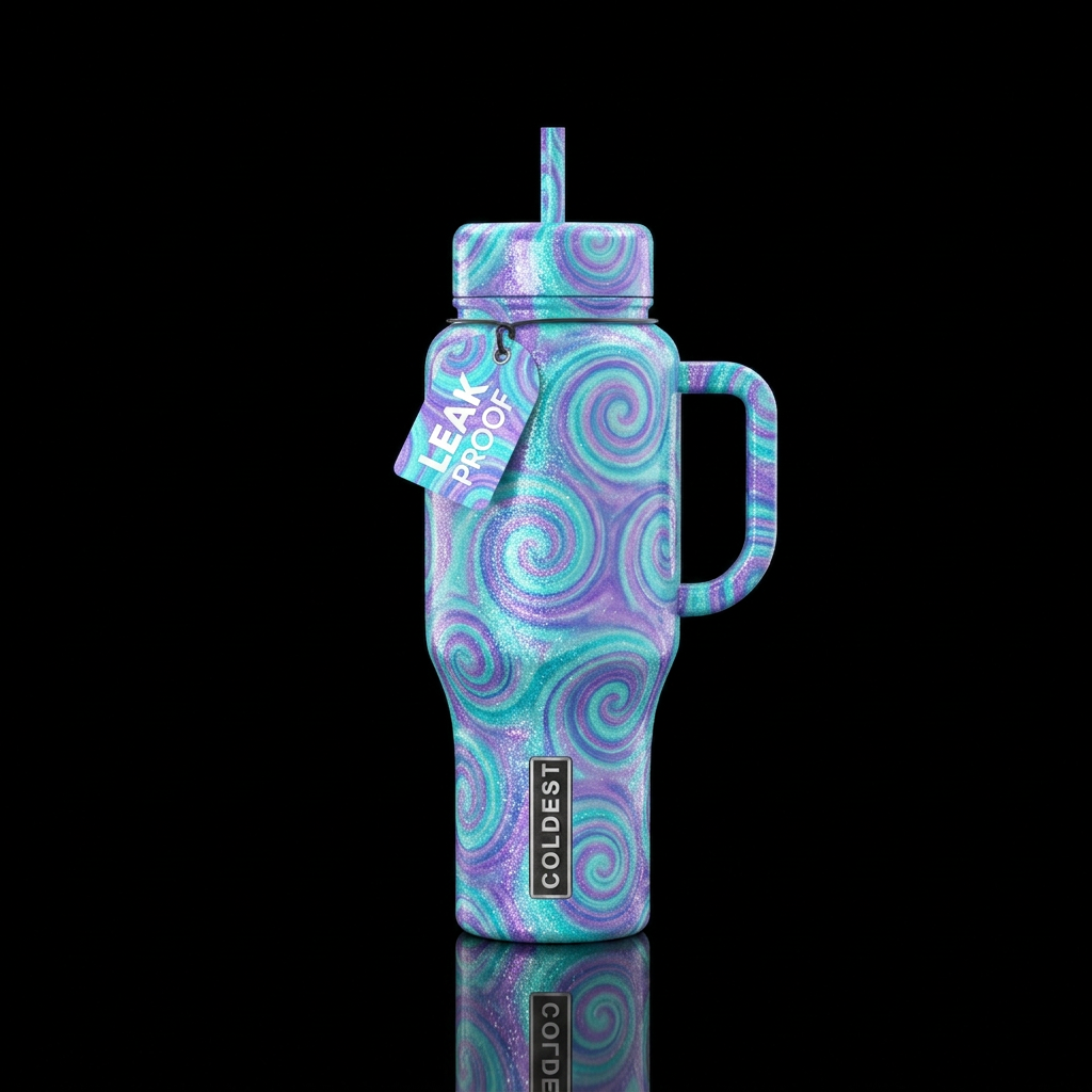 sparkly, shiny, vibrant, realism, seamless, spiral... water bottle design