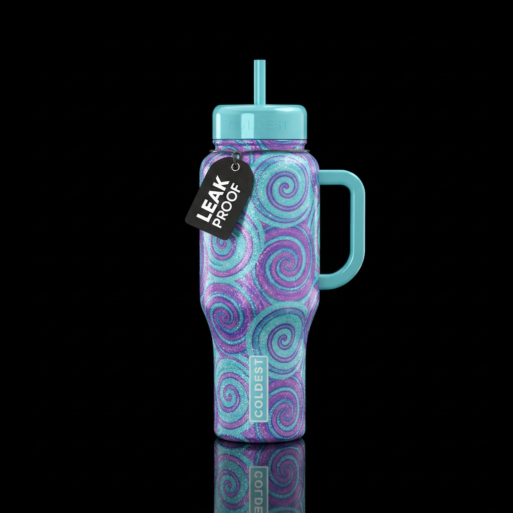 sparkly, shiny, vibrant, realism, seamless, spiral... water bottle design
