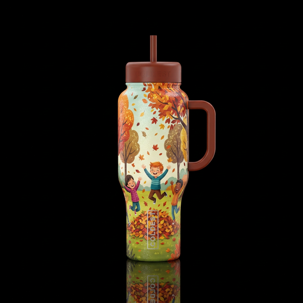 Fall outside with grass, leaves falling from trees... water bottle design