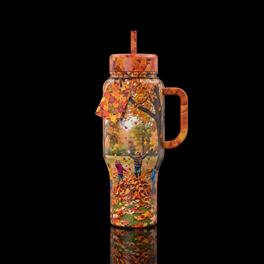 Fall outside with grass, leaves falling from trees... water bottle design
