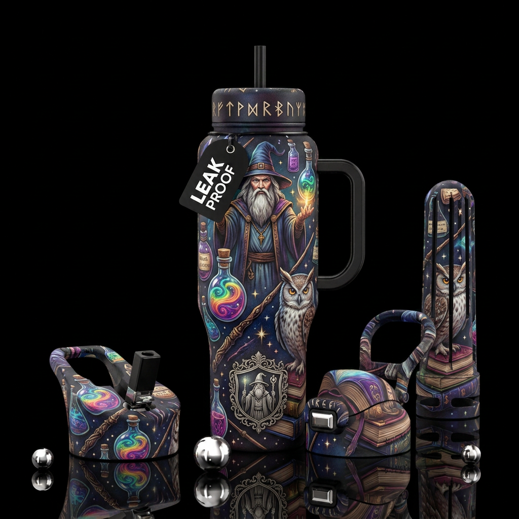 wizard, magic, potions, owl, wands water bottle design