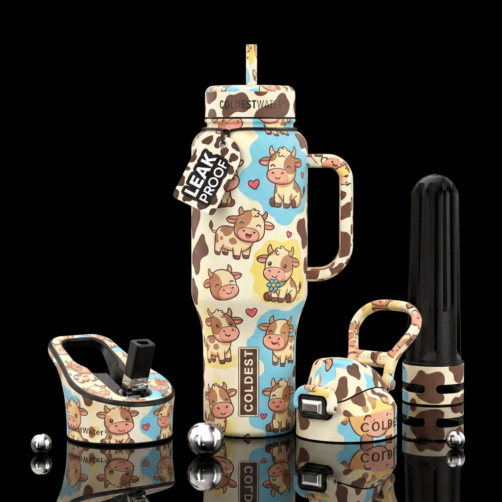 cartoon, happy mood, baby cow water bottle design