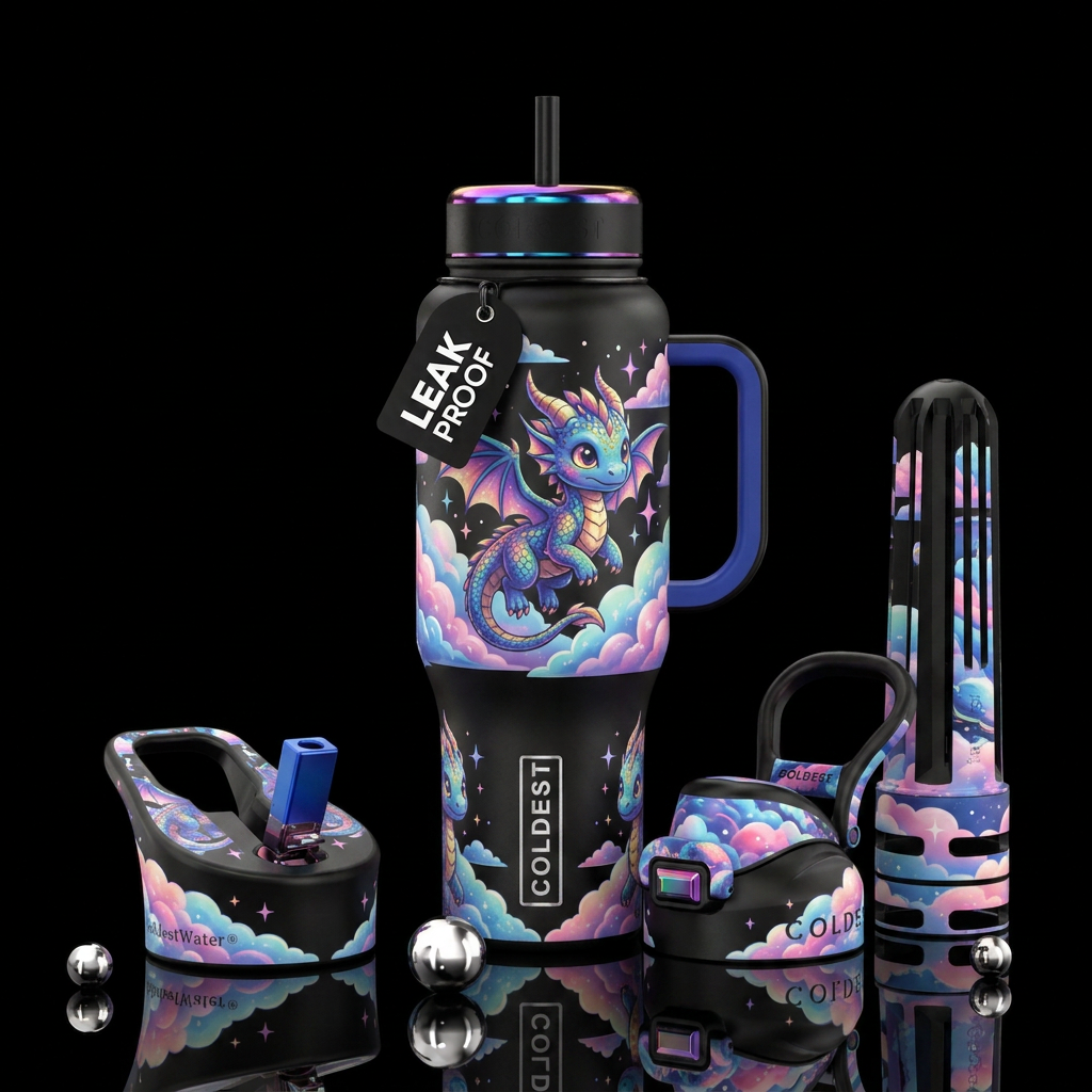 baby dragon, clouds, colorful, water bottle design