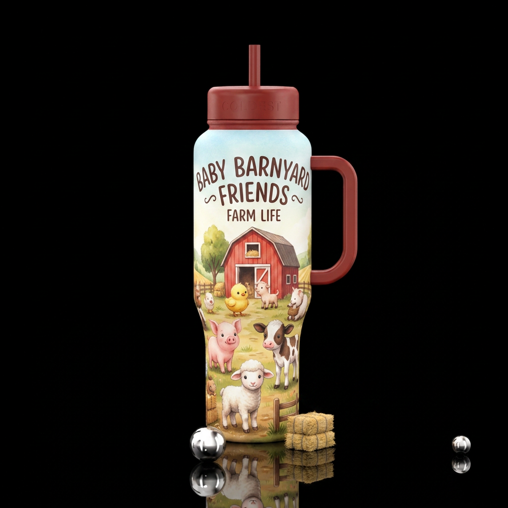 baby barnyard animals, barn, farm water bottle design