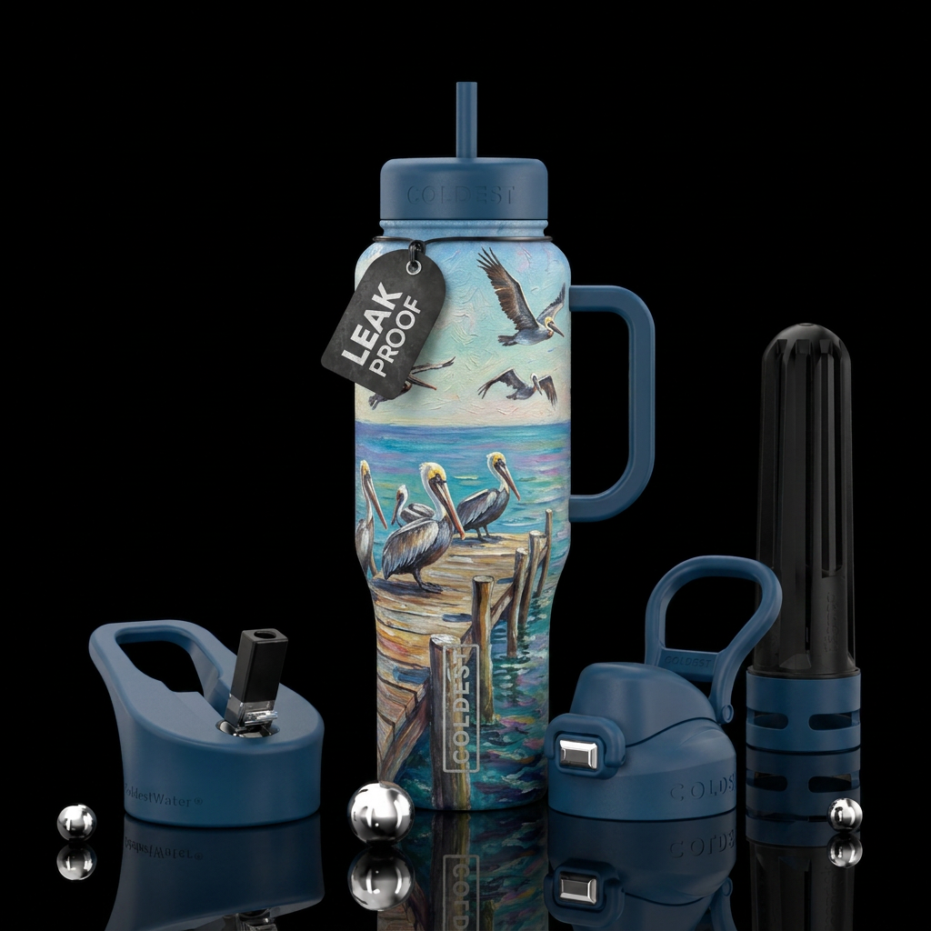 pelican, oil painted, ocean, pier water bottle design