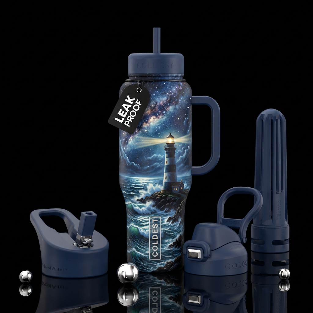 starry night, ocean, lighthouse water bottle design