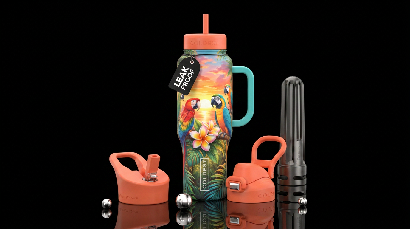 parrot, sunset, tropical water bottle design