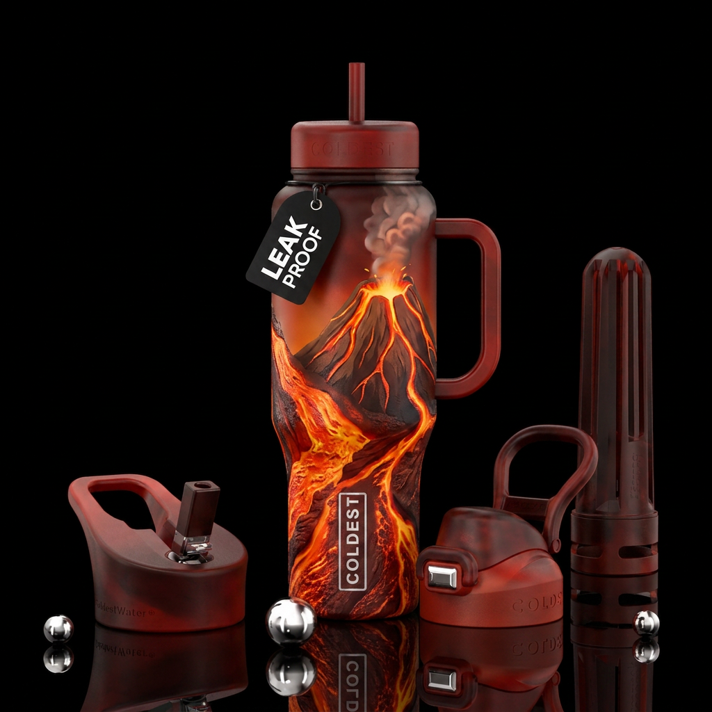volcano, firery water bottle design