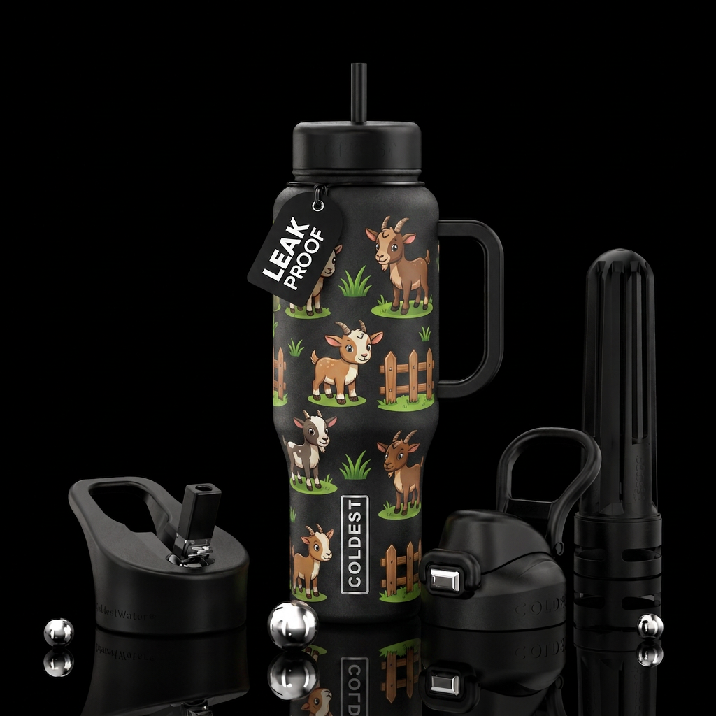 baby goats, grass, fence, cartoon water bottle design