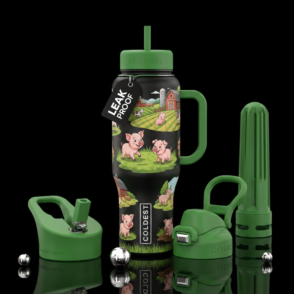 baby pigs, grass, farm. cartoon water bottle design