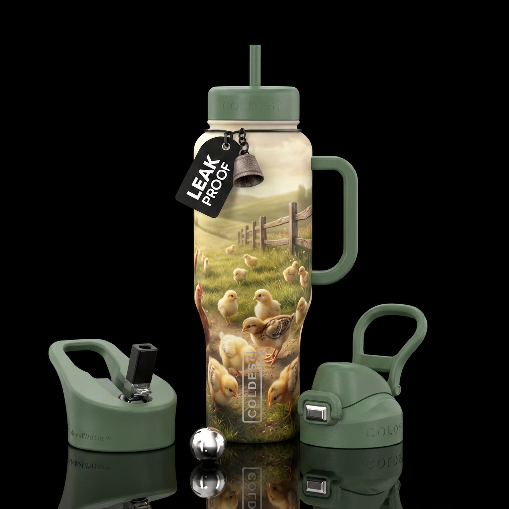 baby chickens, grass, fence water bottle design