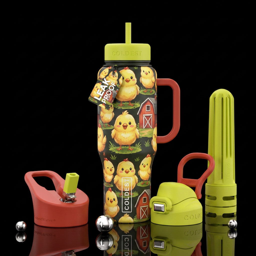 cartoon. baby chickens, grass, barn water bottle design