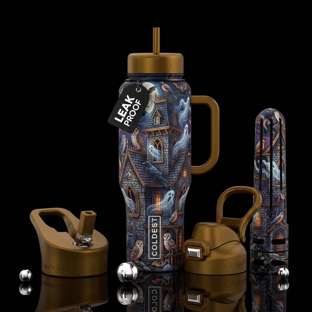 haunted, birds. house, ghosts water bottle design