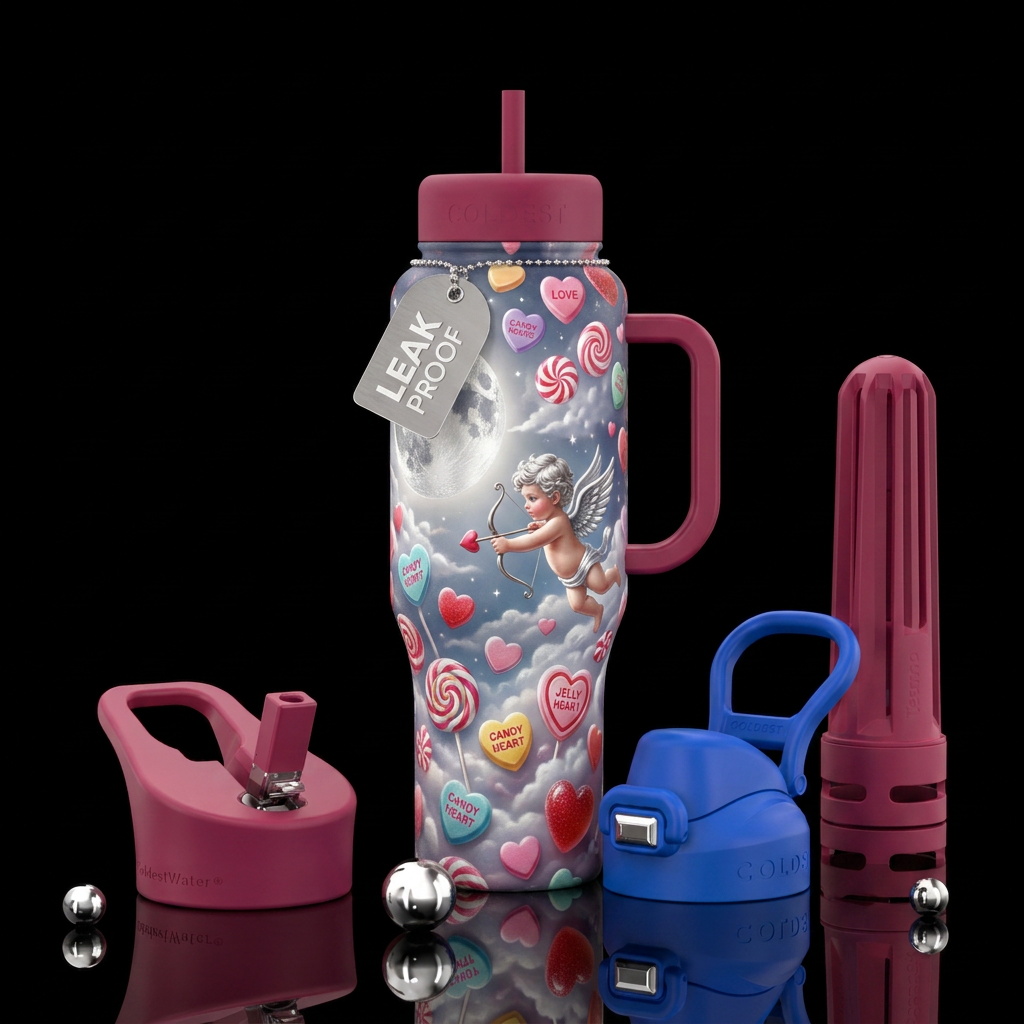 moonlight, hearts, candy, cupid water bottle design
