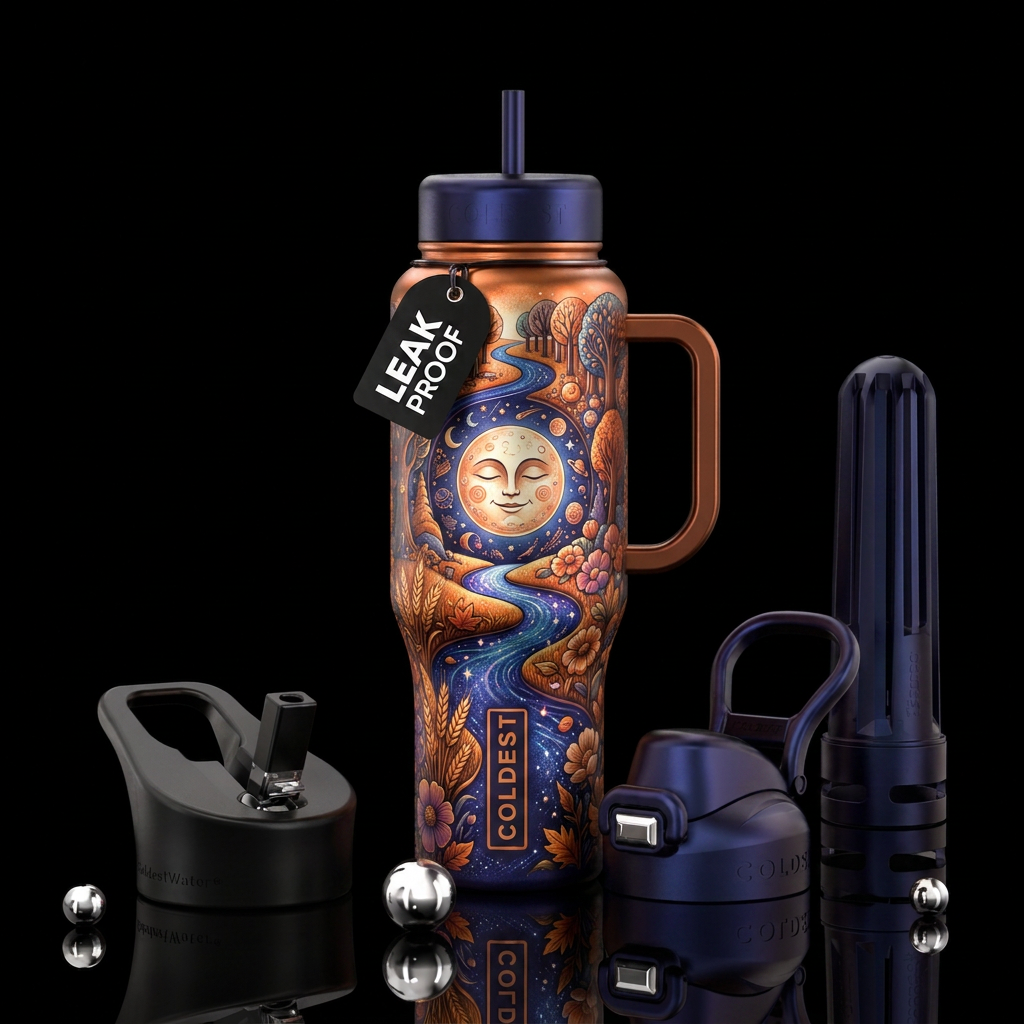 river, harvest moon, beautiul, whimsical water bottle design