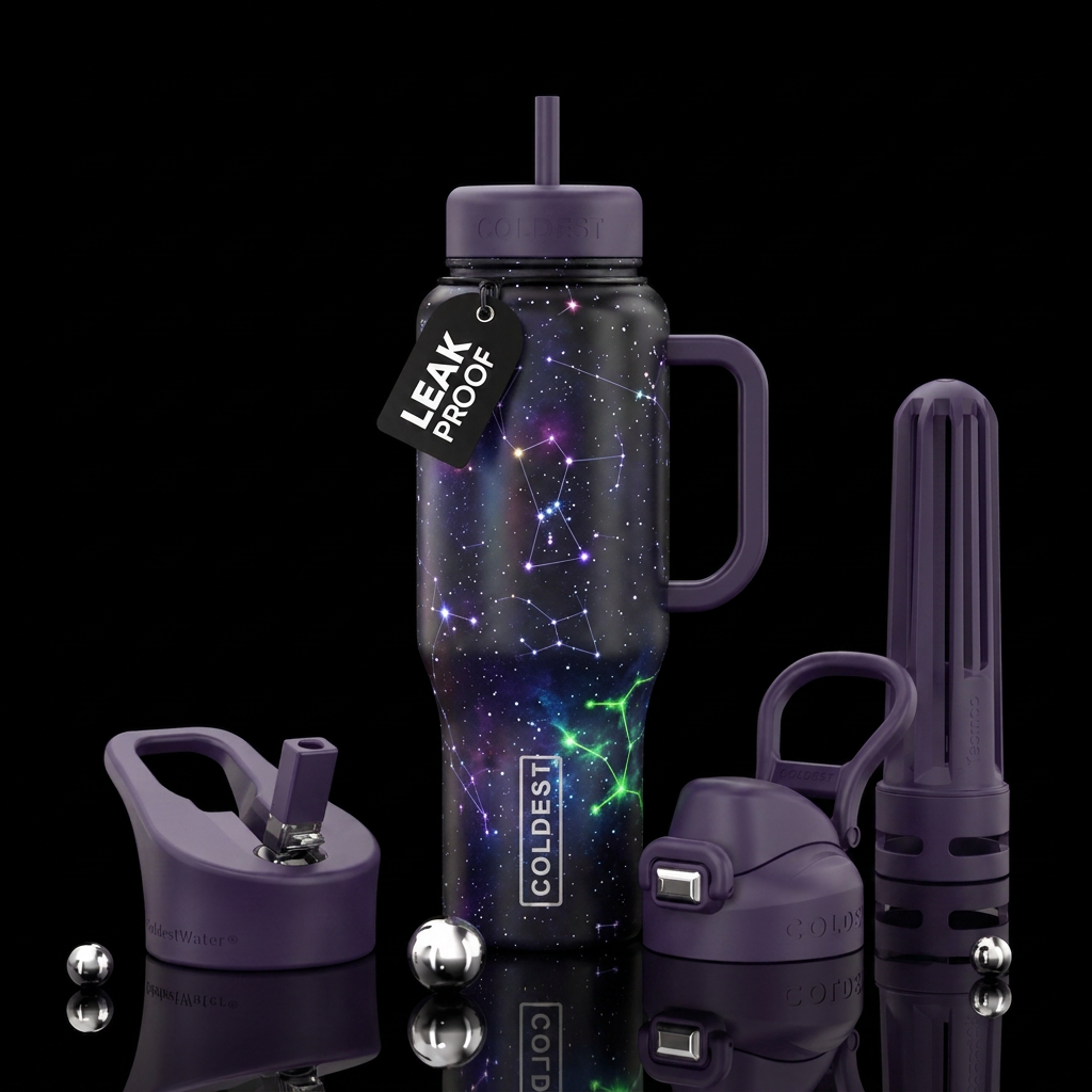 constellation, realism, vibrant water bottle design