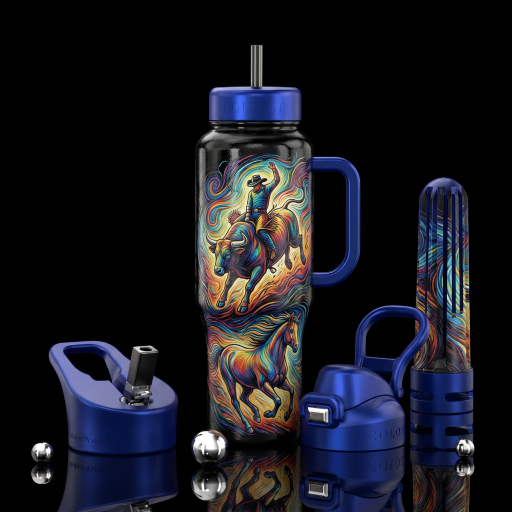 bull riding, mustang water bottle design