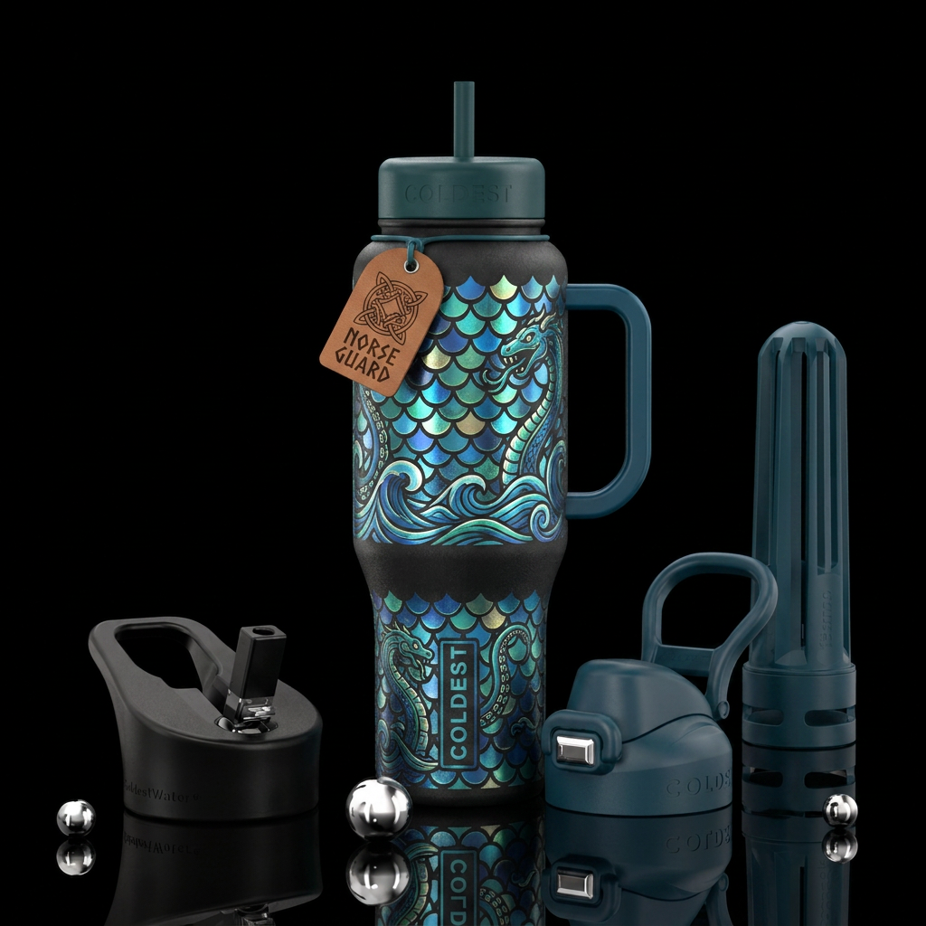 nordic, scales, ocean, whimsical water bottle design
