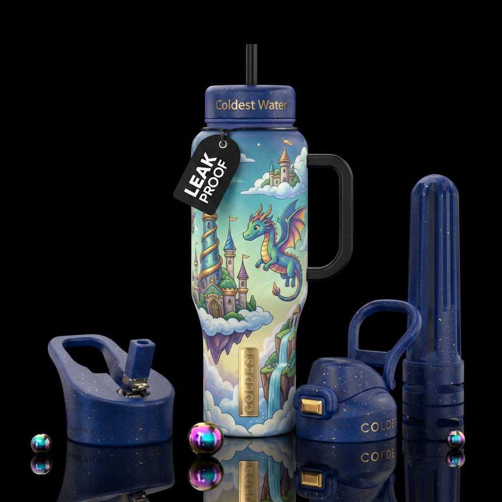 sky kingdom, dragon, whimsical water bottle design