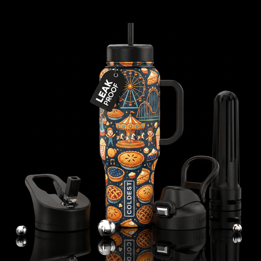 pie, fair, rides, fun, cartoon water bottle design