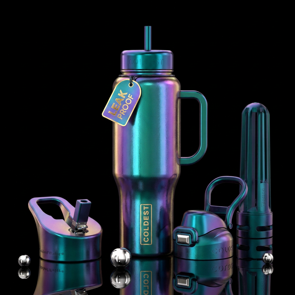 opulent, irridescent, artistic, luxurious, vibrant water bottle design