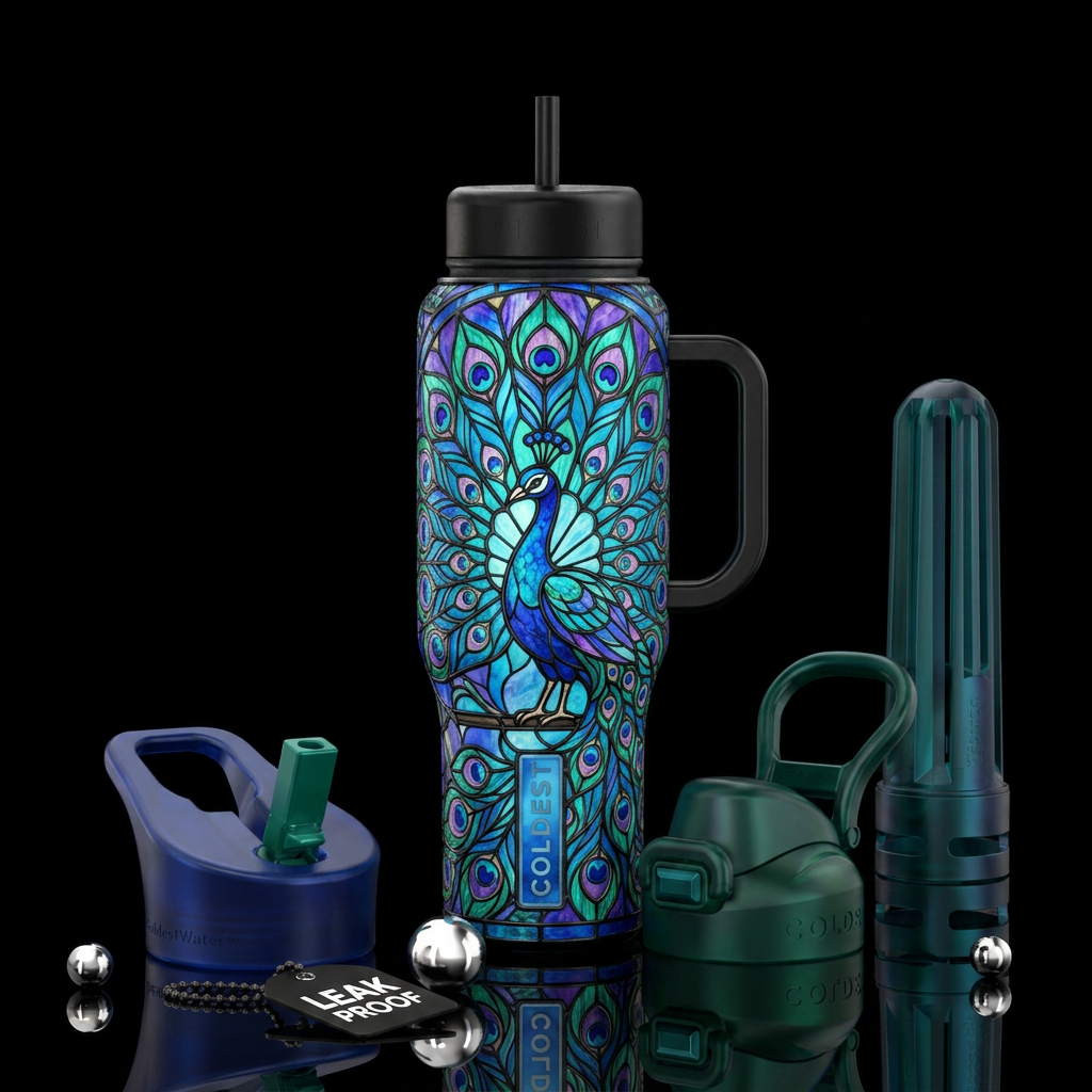 peacock, beautiul, stylistic, stained glass water bottle design