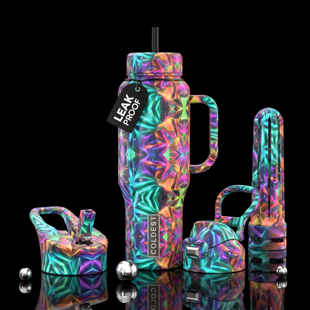 kaleidoscope, glowie, happy mood, vibrant water bottle design