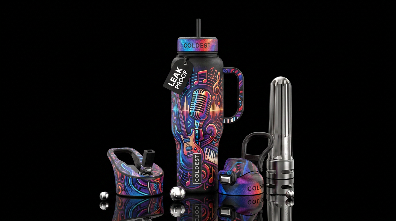 music, microphone, artistic water bottle design