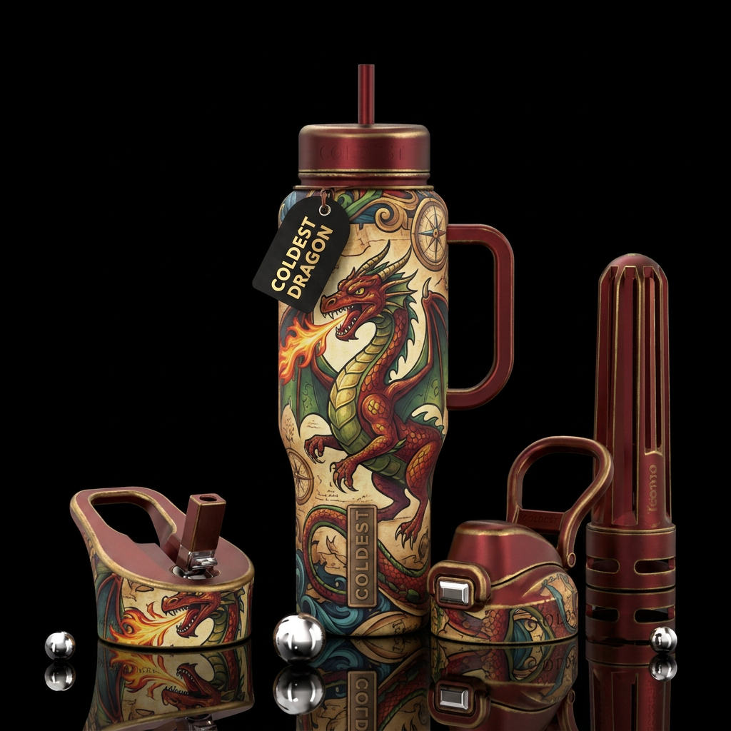 renaissance, dragon, cartoon water bottle design