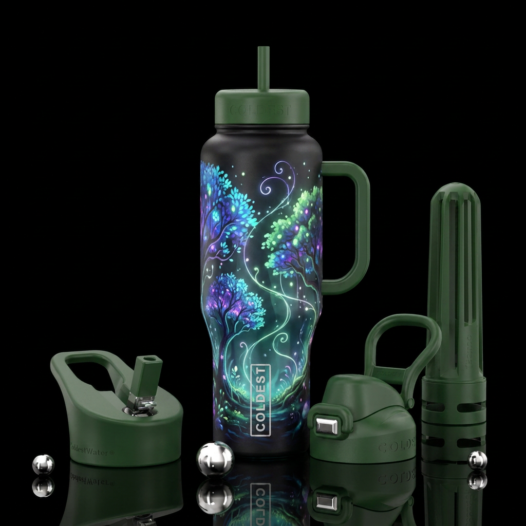 trees, whimsical, glowie water bottle design