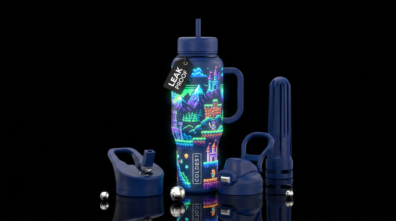 pixel game, glowie water bottle design