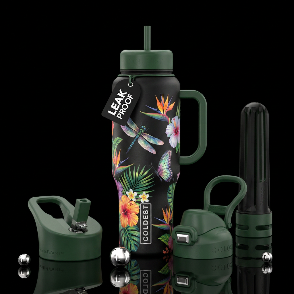 dragonfly, tropical flowers, beautiul, butterfly water bottle design