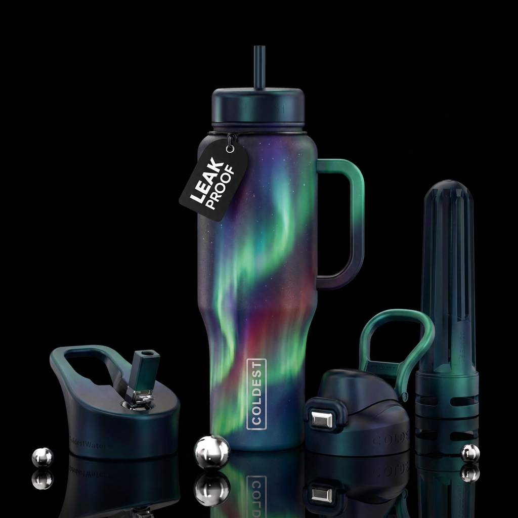 northern lights, dramatic, glowie water bottle design