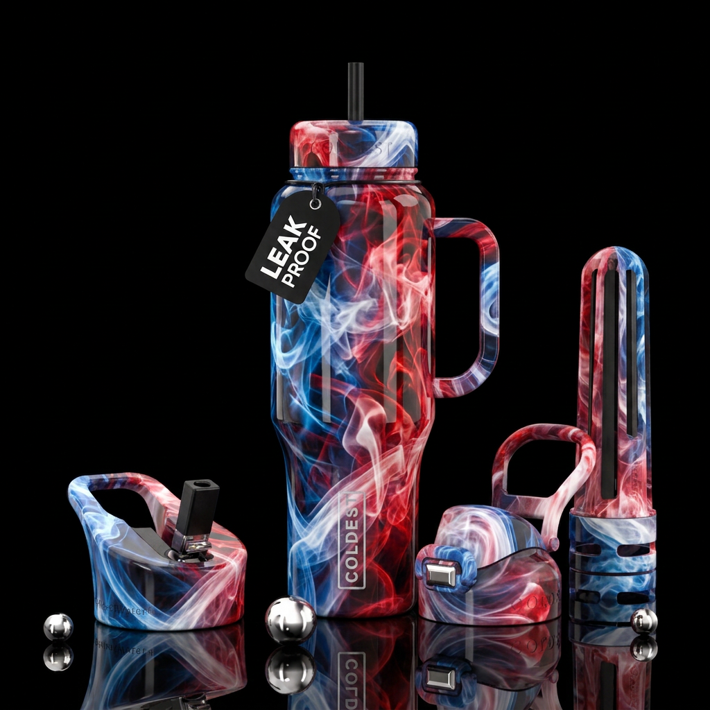 red, blue, white, smoke water bottle design