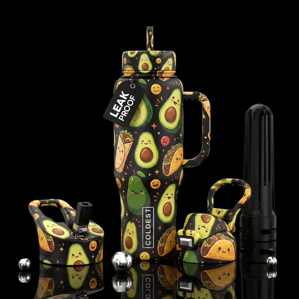avocado, burrito, tacos, happy, cartoon water bottle design