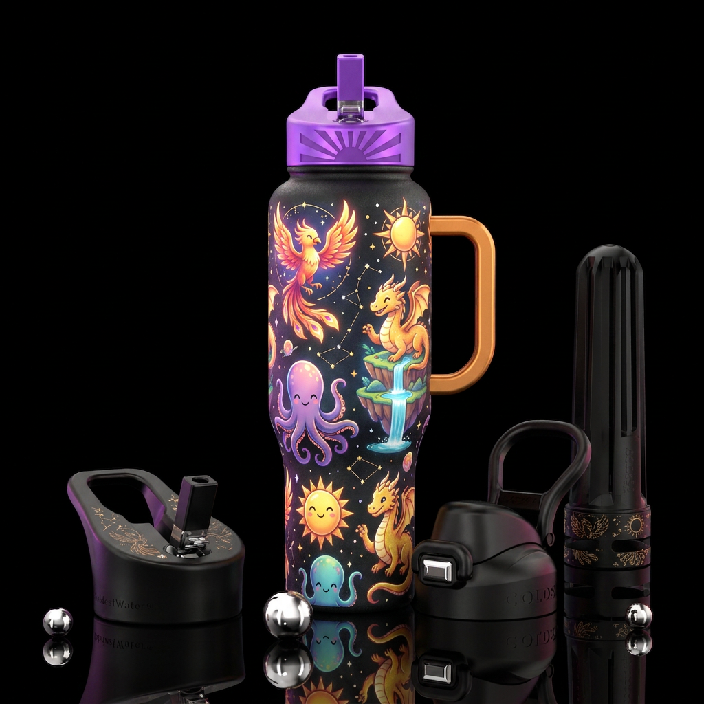 mythical, happy mood water bottle design