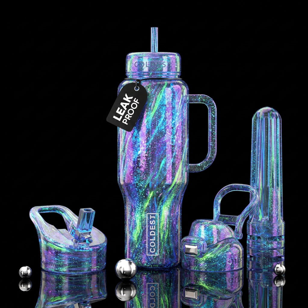 glass blowing, sparkly, shiny, electric water bottle design