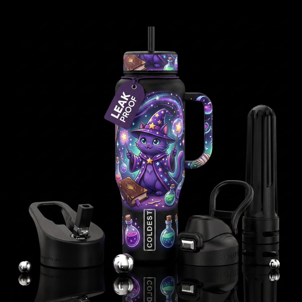 cartoon, cat, magic, wizard water bottle design