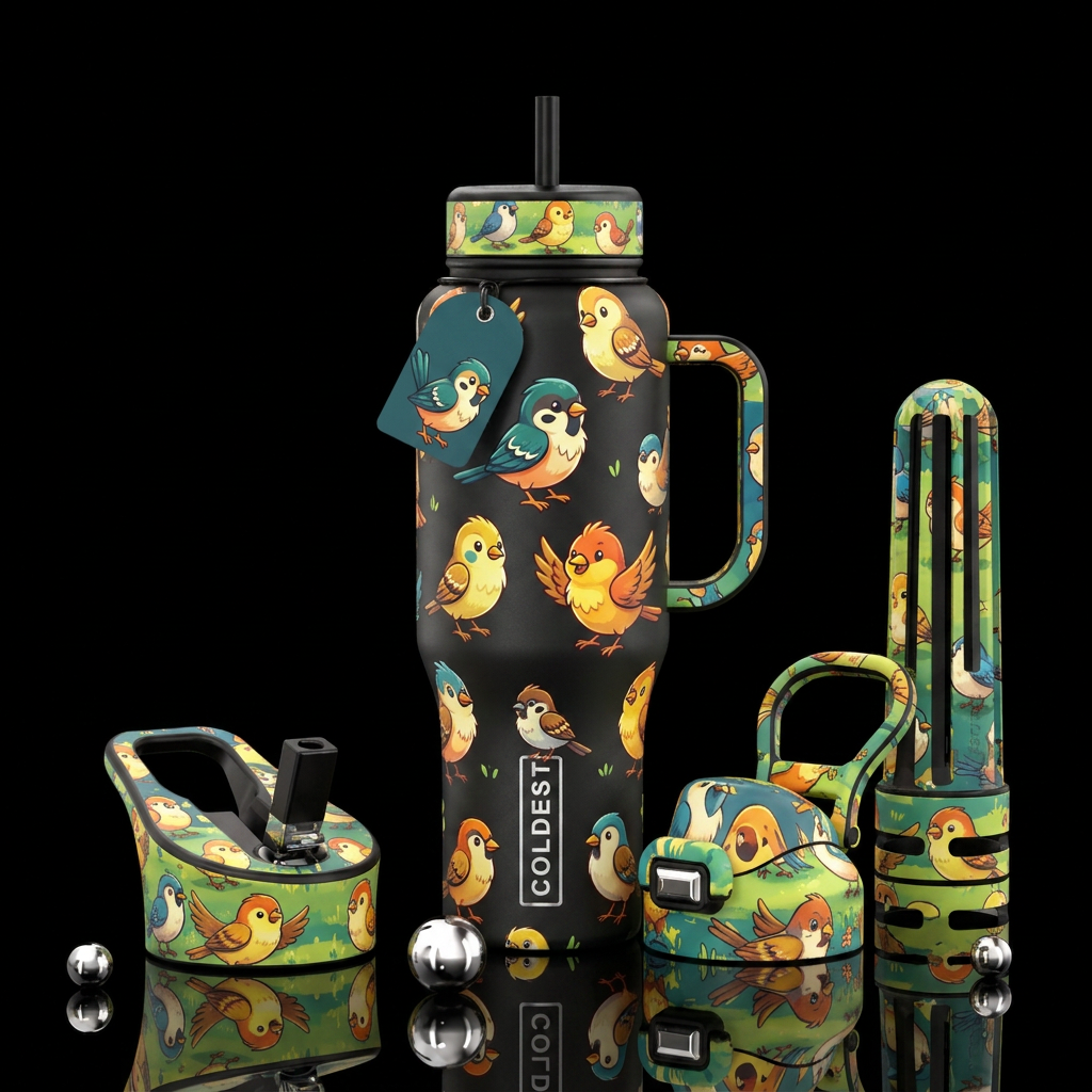 sparrows, cartoon water bottle design