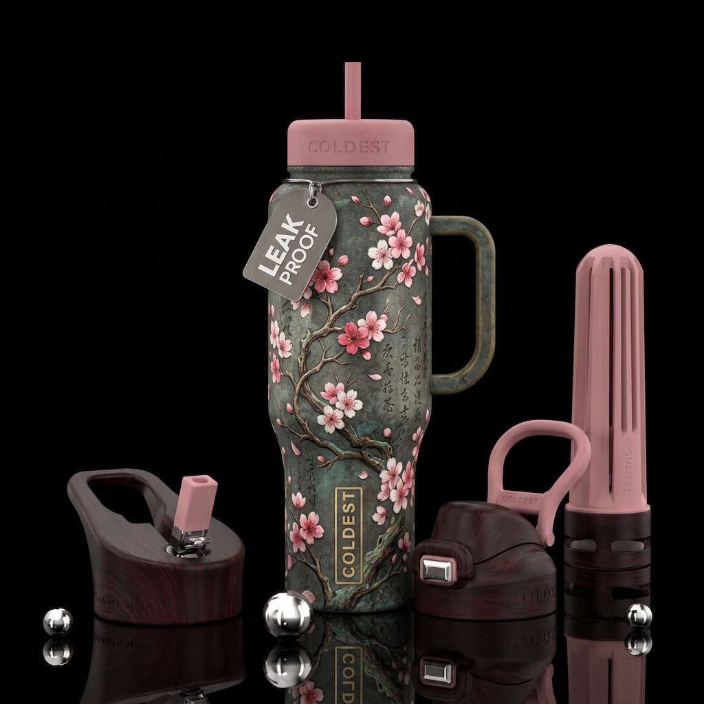 cherry blossom season, artistic, ancient water bottle design