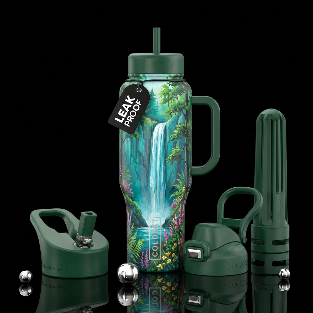 waterfall, serene, painted water bottle design
