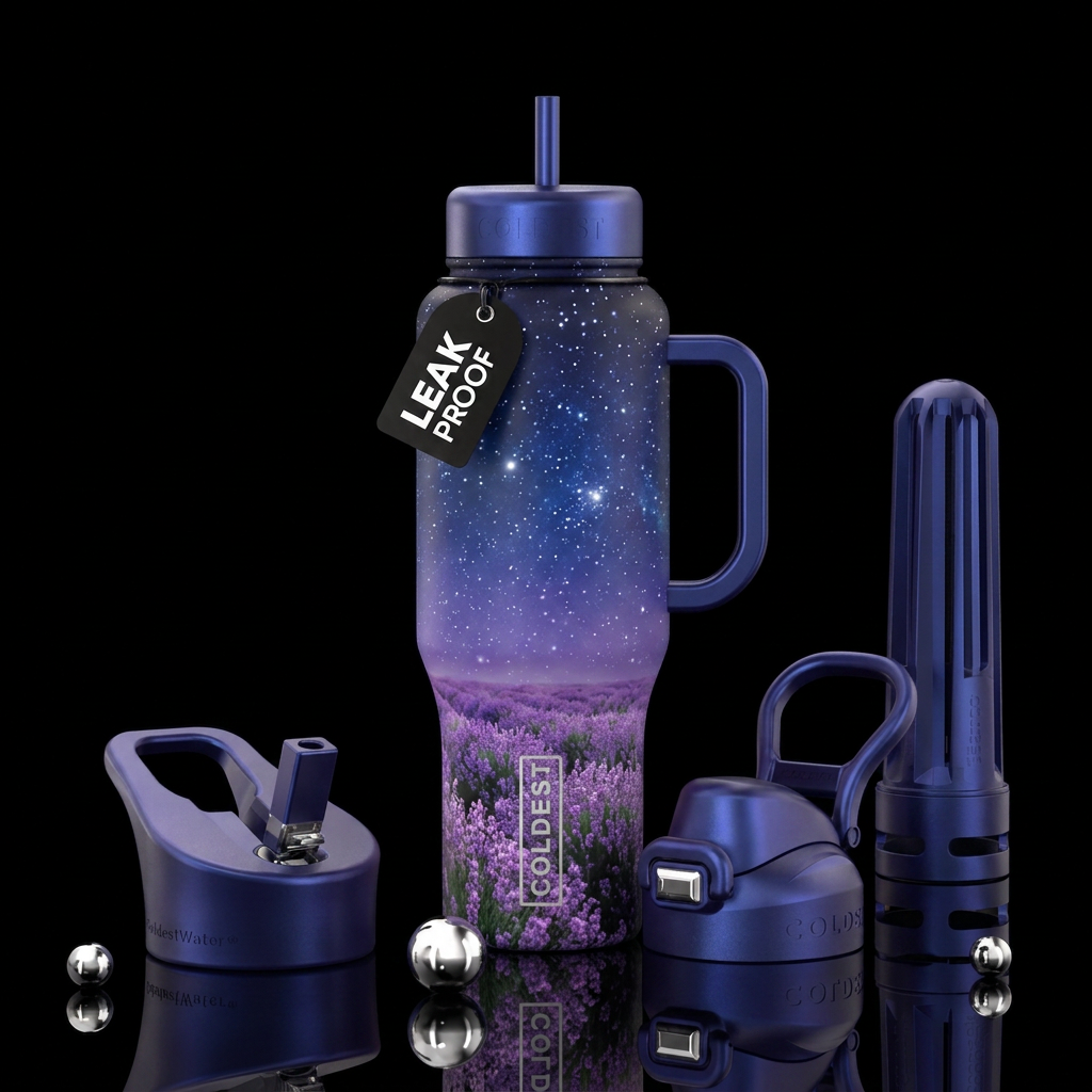lavender field, starry night water bottle design